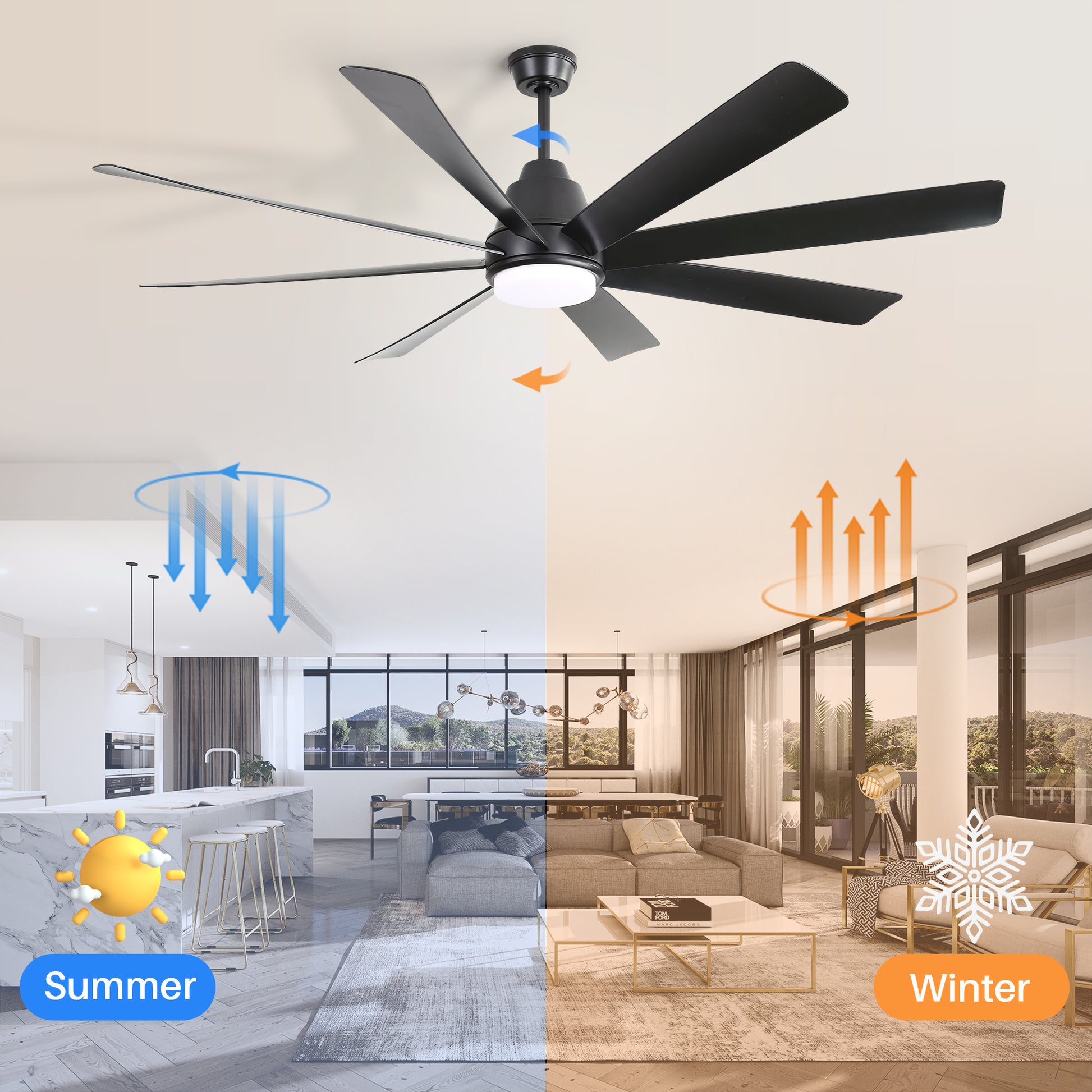 Black blade modern ceiling fan with integrated LED light designed for yearround comfort