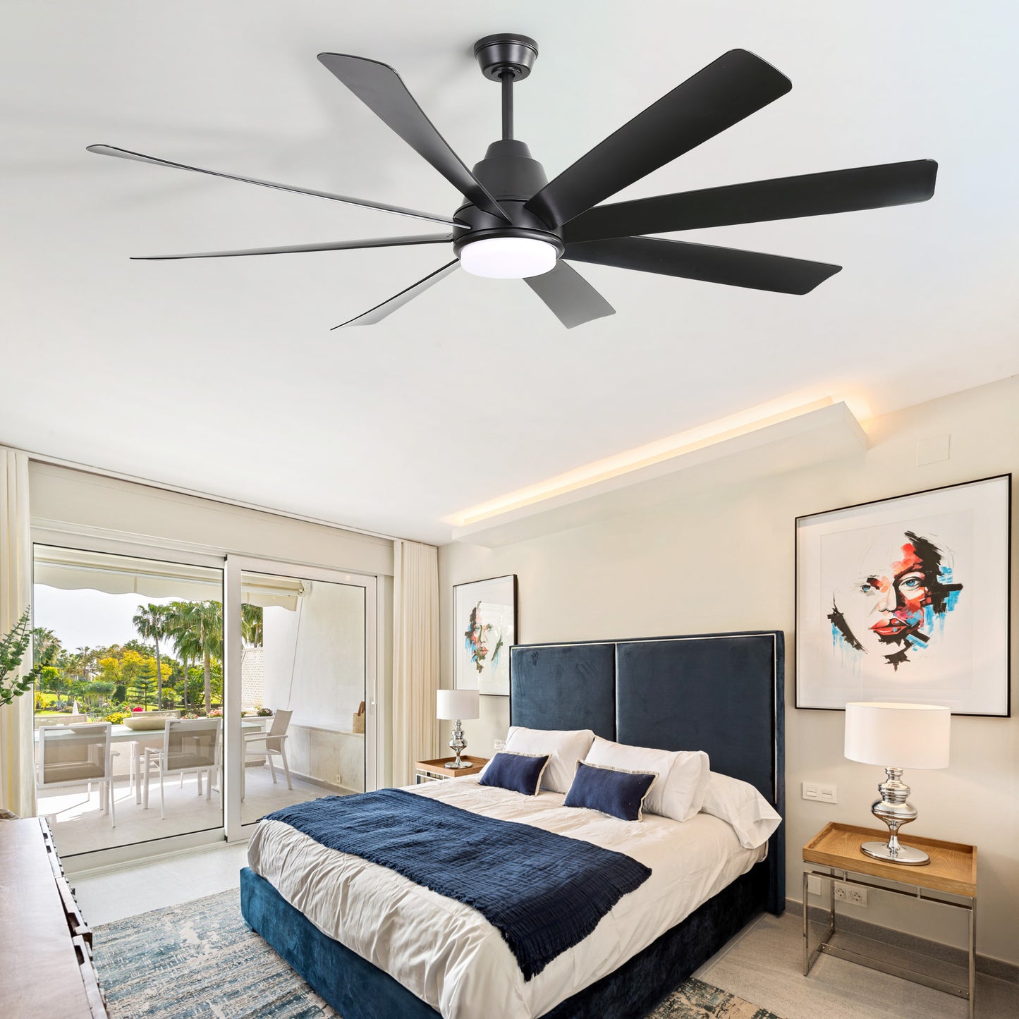 Sleek black ceiling fan with eight blades and integrated LED light for modern bedrooms