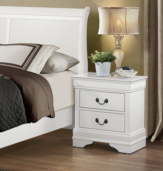 White twodrawer nightstand with ornate drawer pulls