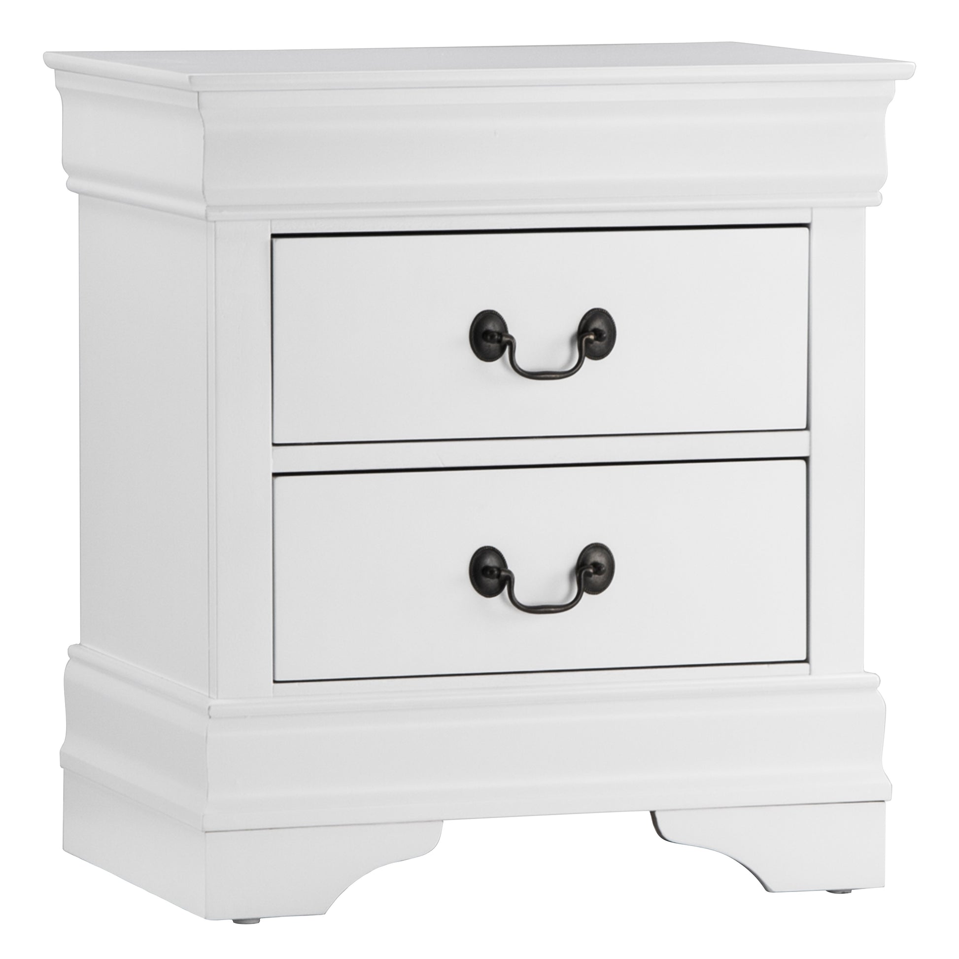 Classic white twodrawer nightstand with ornate black drawer pulls
