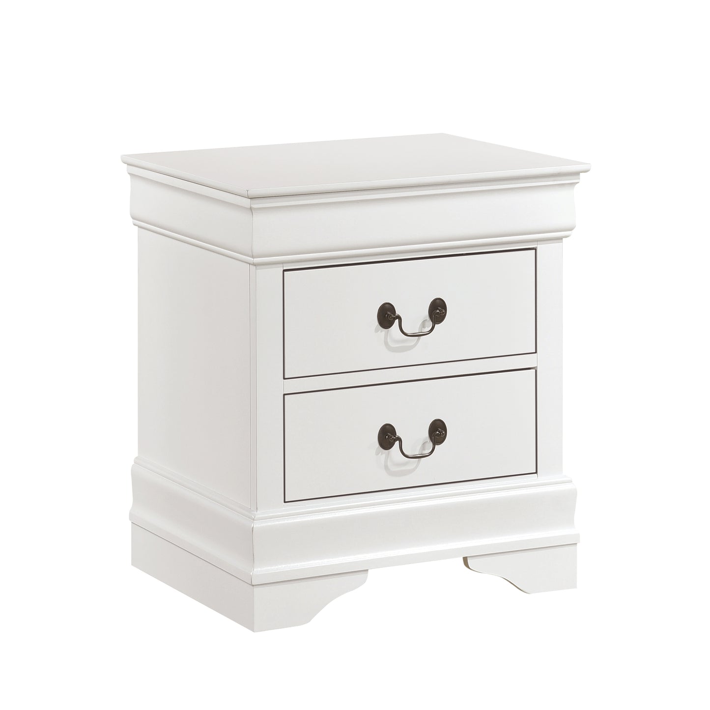 White twodrawer nightstand with dark antique brass pulls