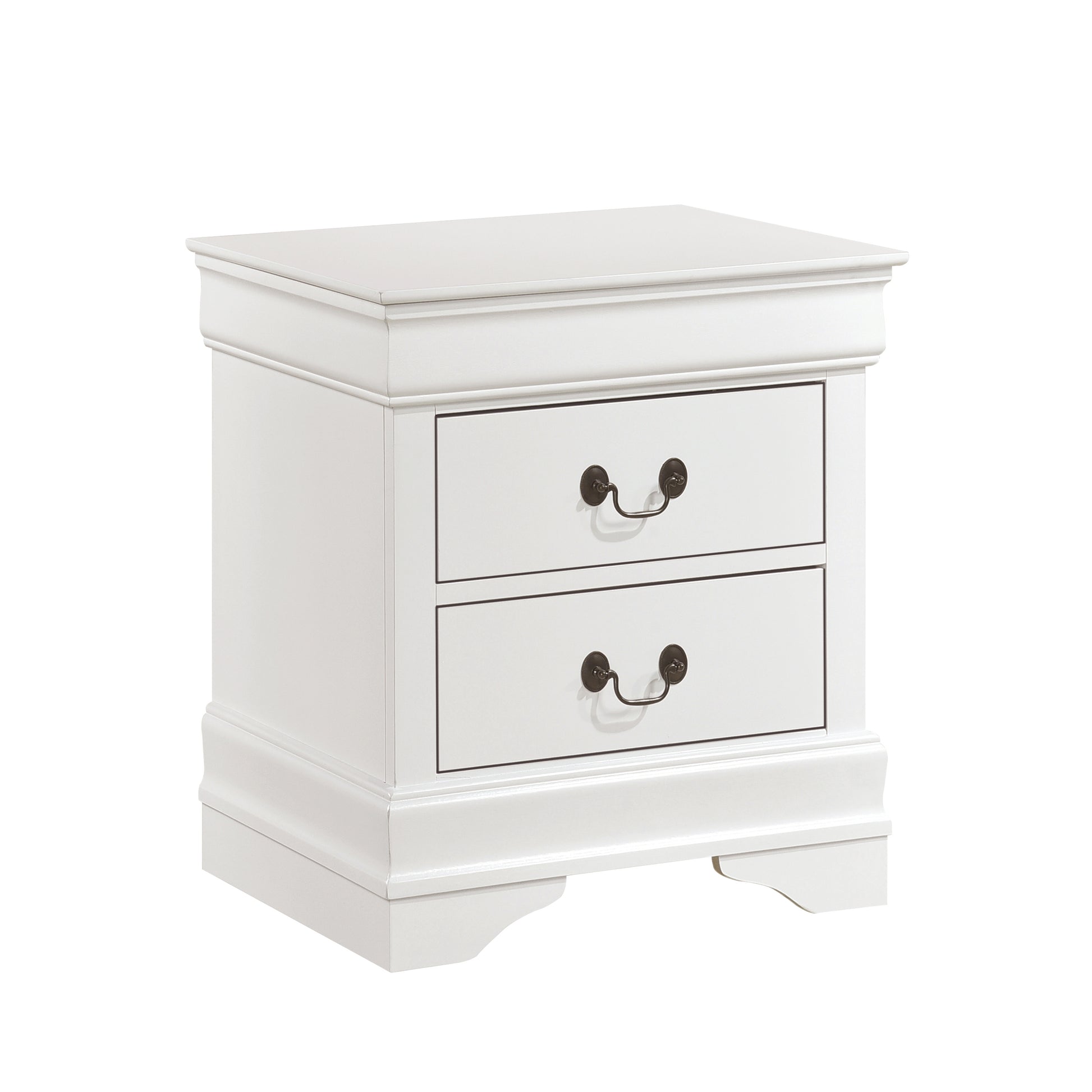 White twodrawer nightstand with dark antique brass pulls