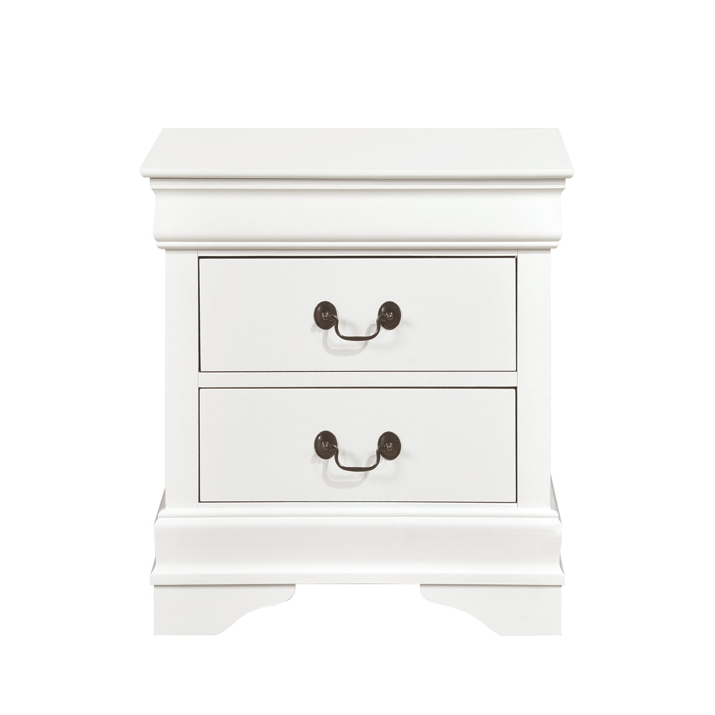 Classic white twodrawer nightstand with antique brass hardware