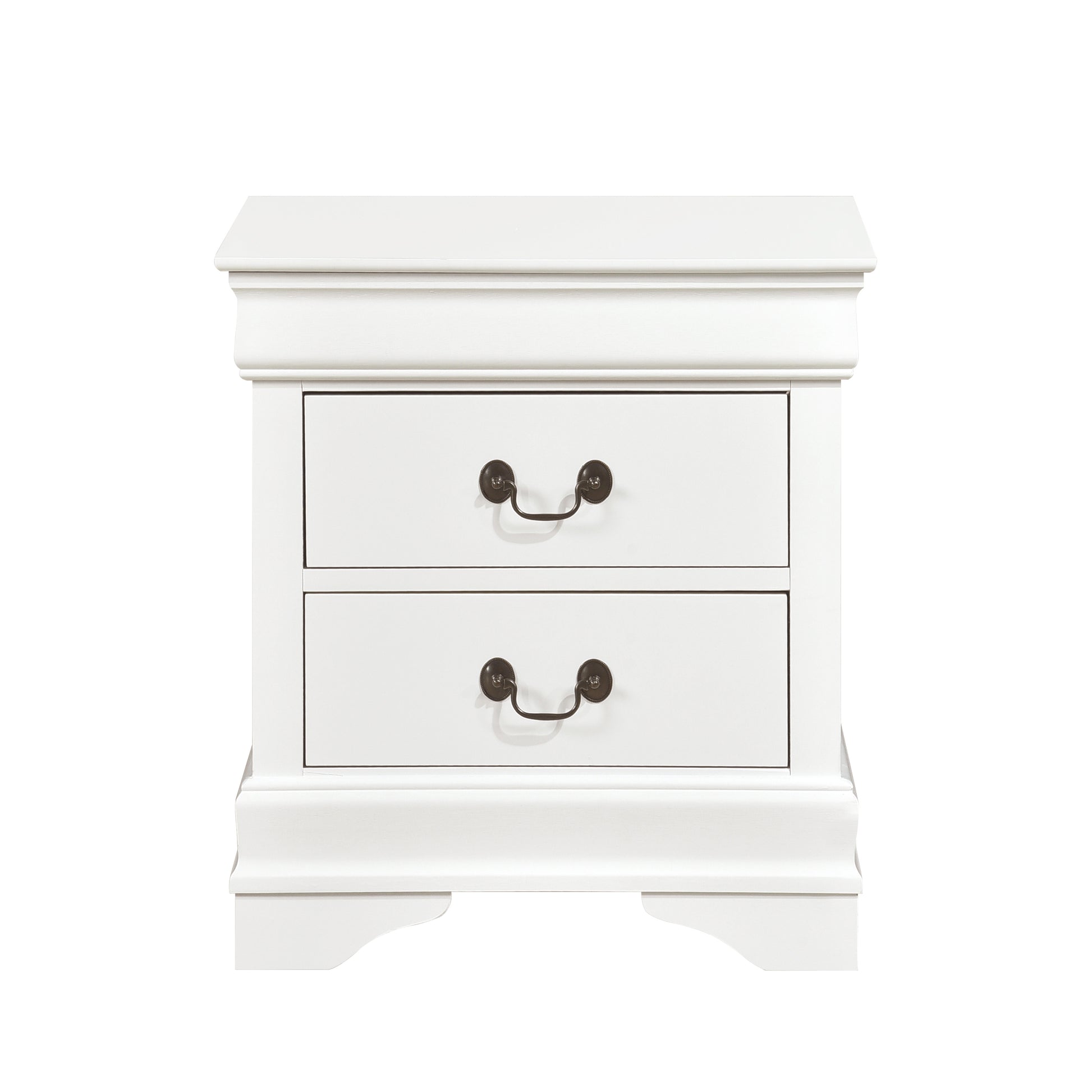Classic white twodrawer nightstand with antique brass hardware