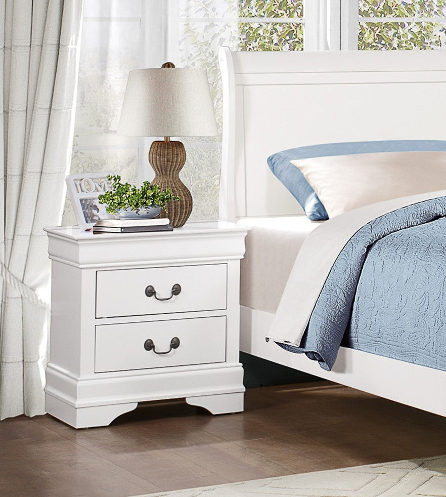 White twodrawer nightstand with ornate bronze hardware and decorative molding
