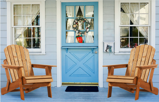 Wooden Adirondack chair with curved back and armrests perfect for outdoor relaxation