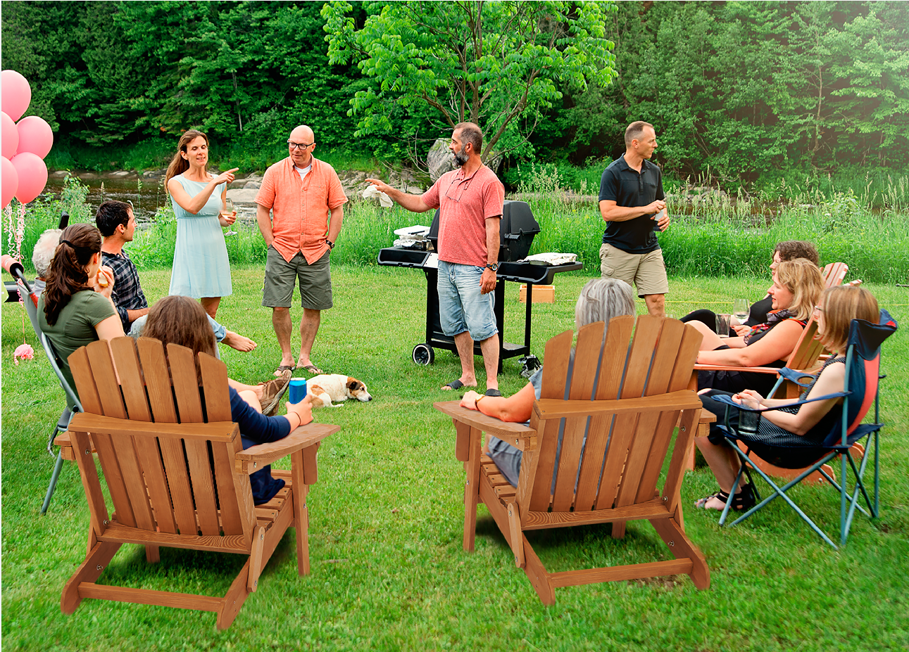 Wooden Adirondack chairs provide comfortable outdoor seating for backyard gatherings