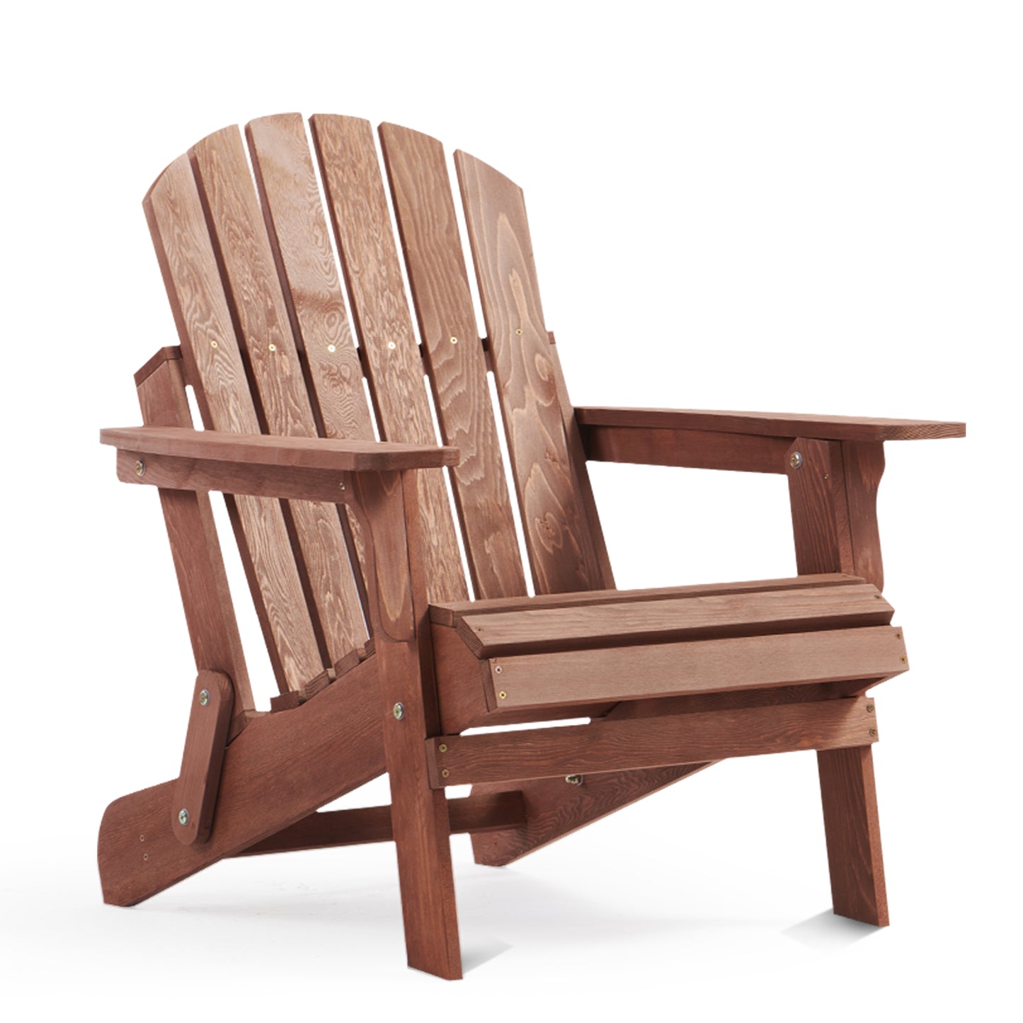 Brown wooden Adirondack chair with wide armrests perfect for outdoor relaxation