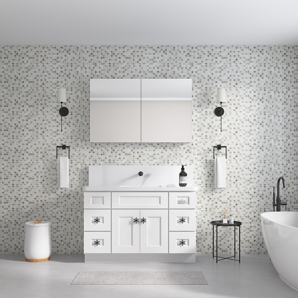 Modern white bathroom vanity with double doors and decorative pulls