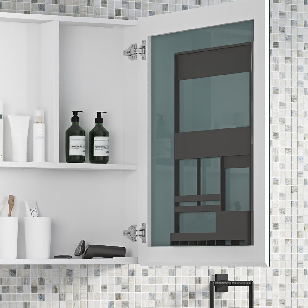 White medicine cabinet with open door showcasing toiletries and tiled background