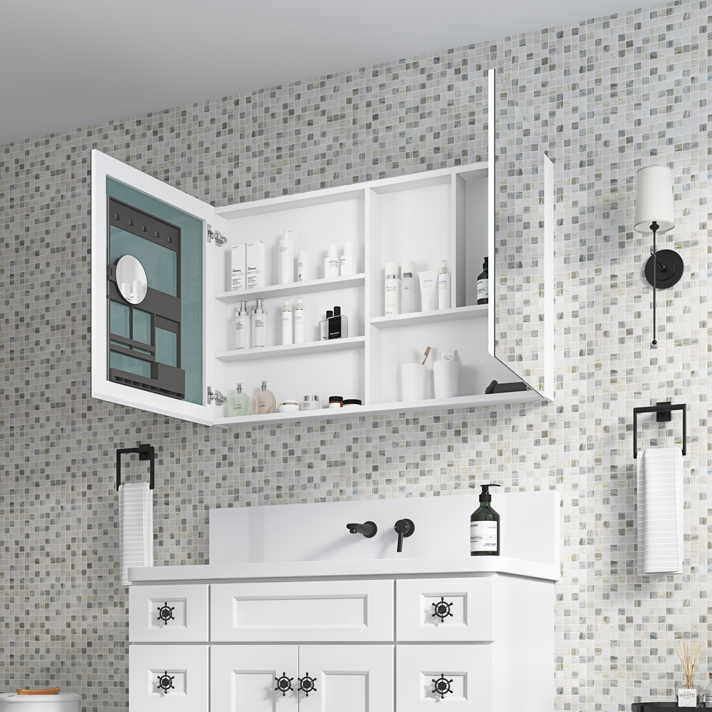 White modern medicine cabinet with open doors revealing toiletries and mirror
