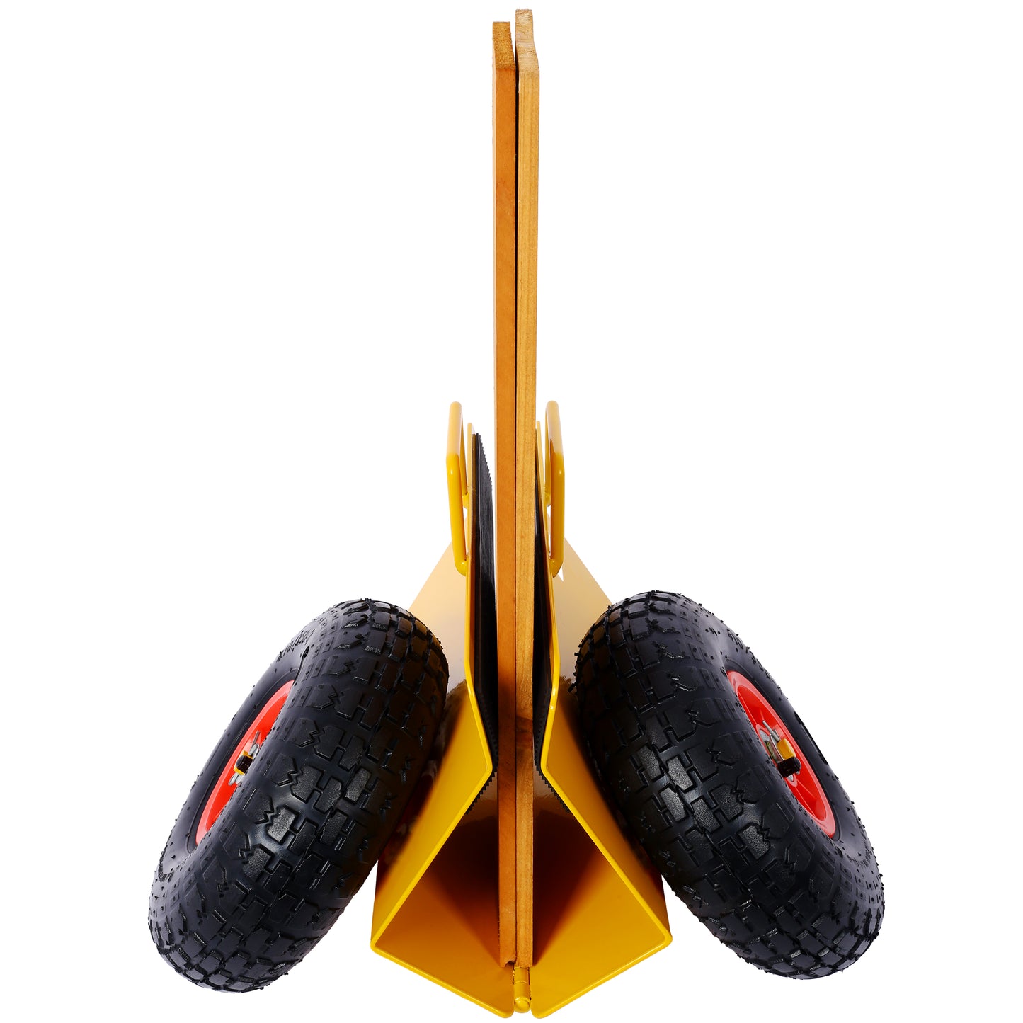 Yellow metal wheelbarrow frame with two inflatable tires and wooden handles