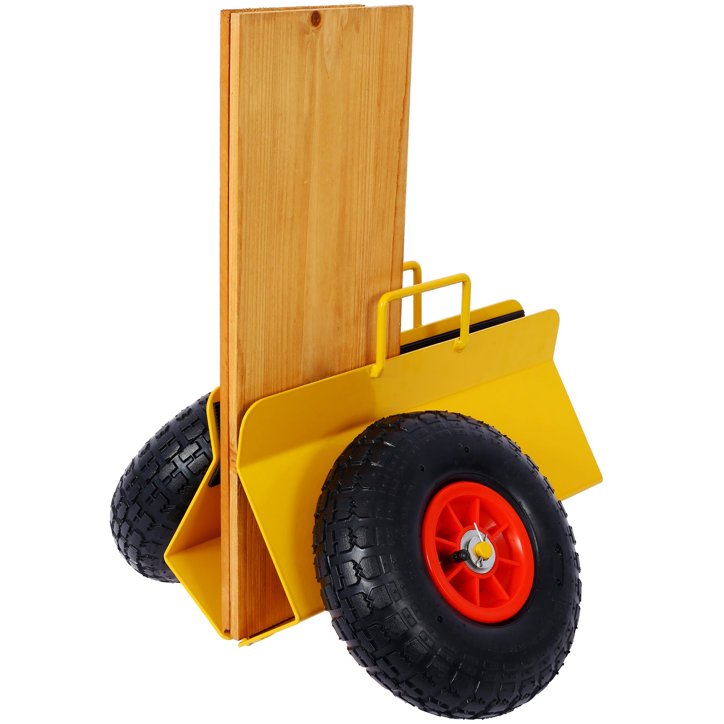 Yellow panel dolly with wooden planks and rugged black wheels