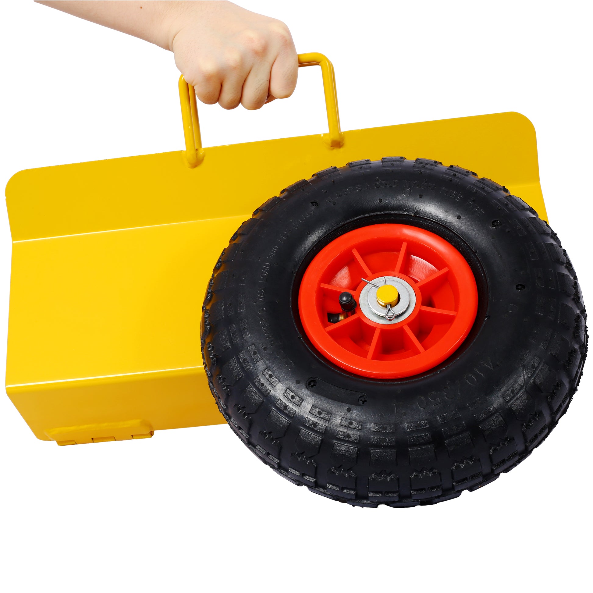 Yellow metal toolbox with durable pneumatic tire for easy transport