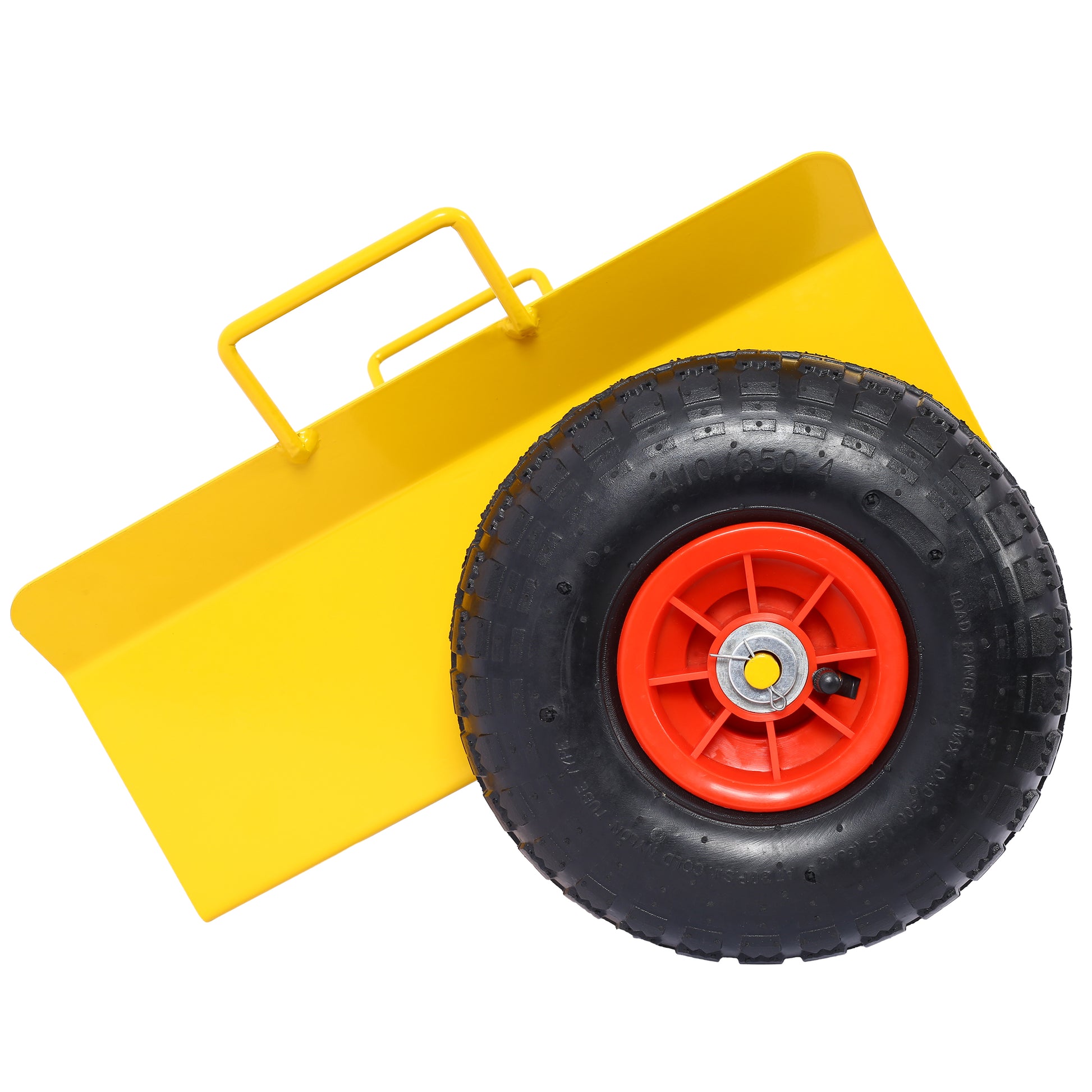Yellow metal garden trolley with pneumatic wheel and red rim
