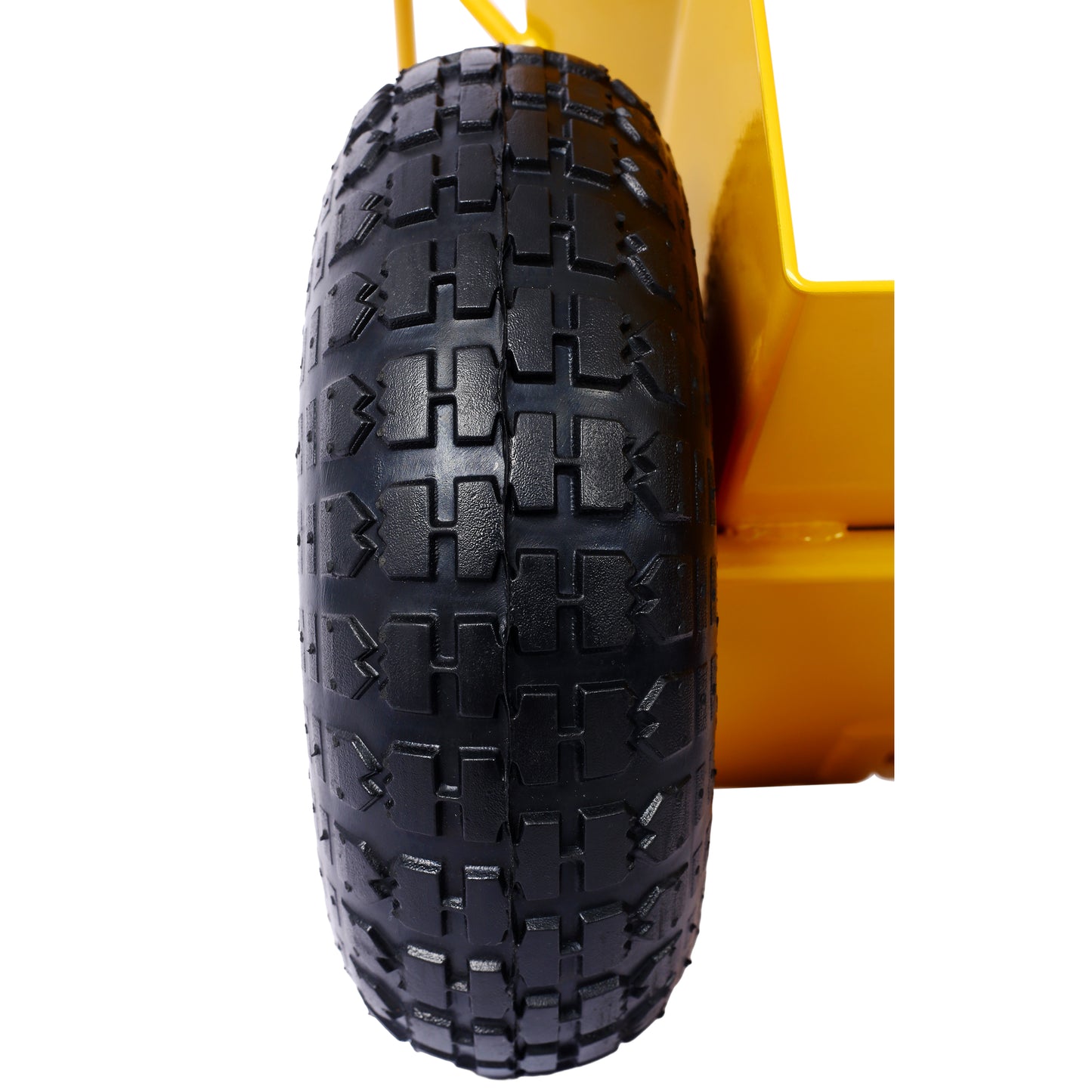 Closeup of a heavyduty black rubber wheel with a deep tread pattern for optimal grip