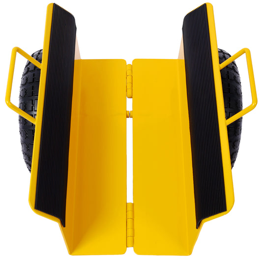 Yellow steel dolly with rubber grip surfaces and pneumatic tires for moving heavy items