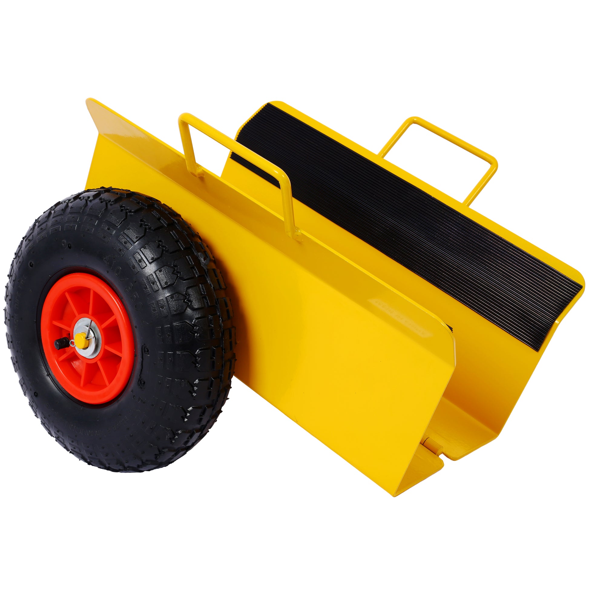 Yellow stair climber hand truck with large pneumatic tires and rubber grips