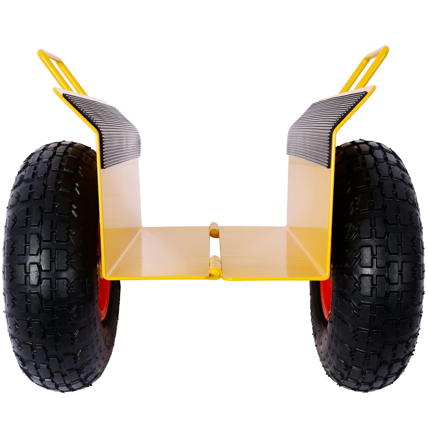 Yellow metal hand truck with large black pneumatic tires for heavy lifting
