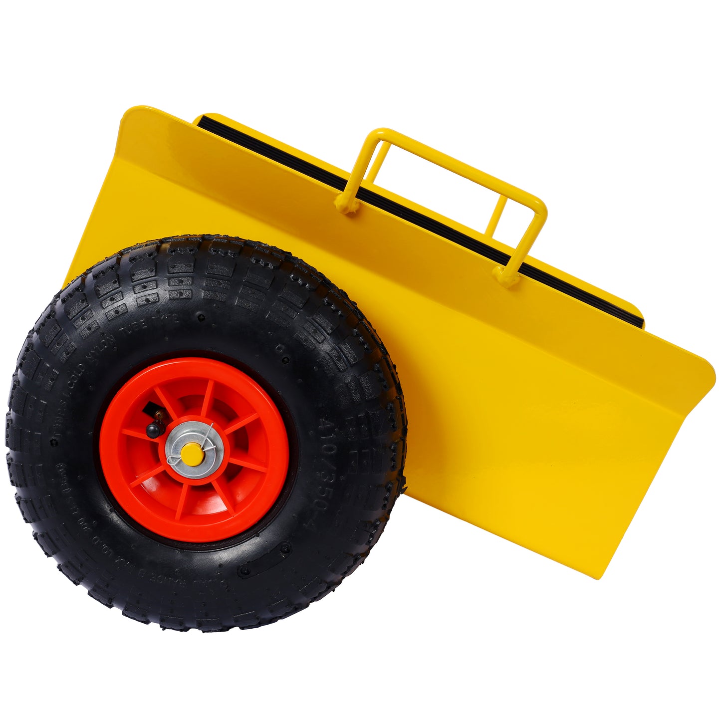 Yellow garden cart with a large pneumatic tire and orange rim for hauling