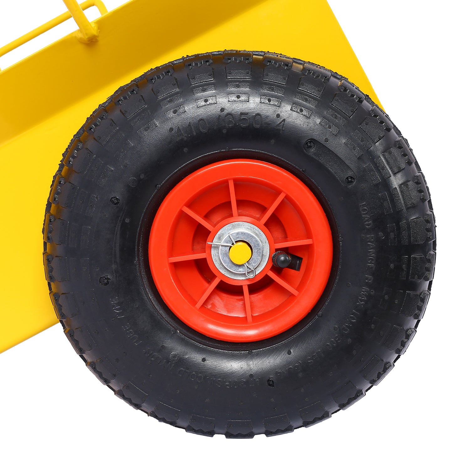 Yellow hand truck with a rugged black pneumatic tire and bright red rim