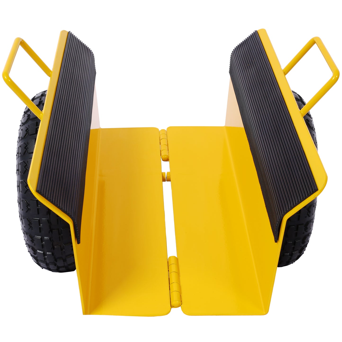 Yellow folding hand truck with black rubber grips and large pneumatic tires