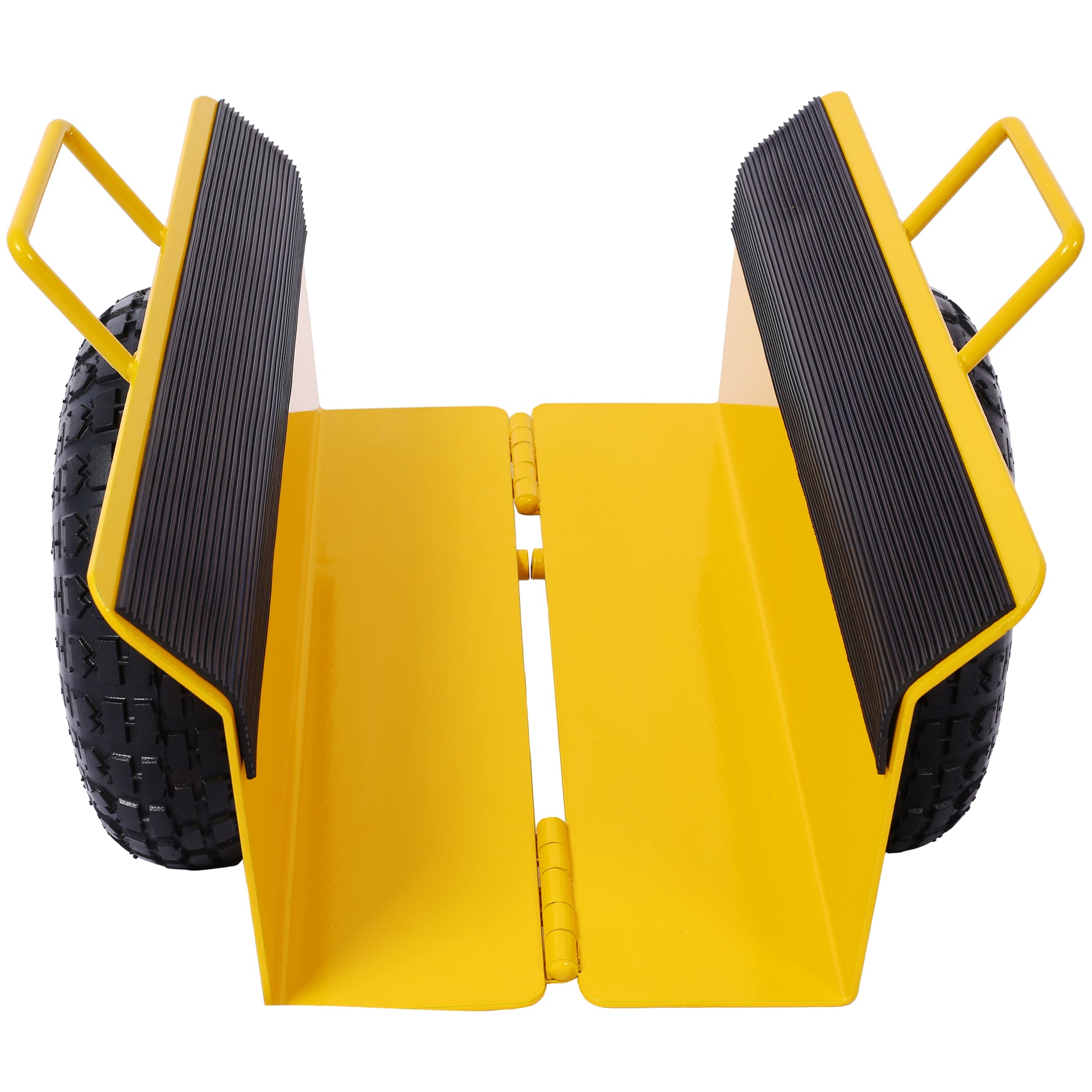 Yellow folding hand truck with black rubber grips and large pneumatic tires