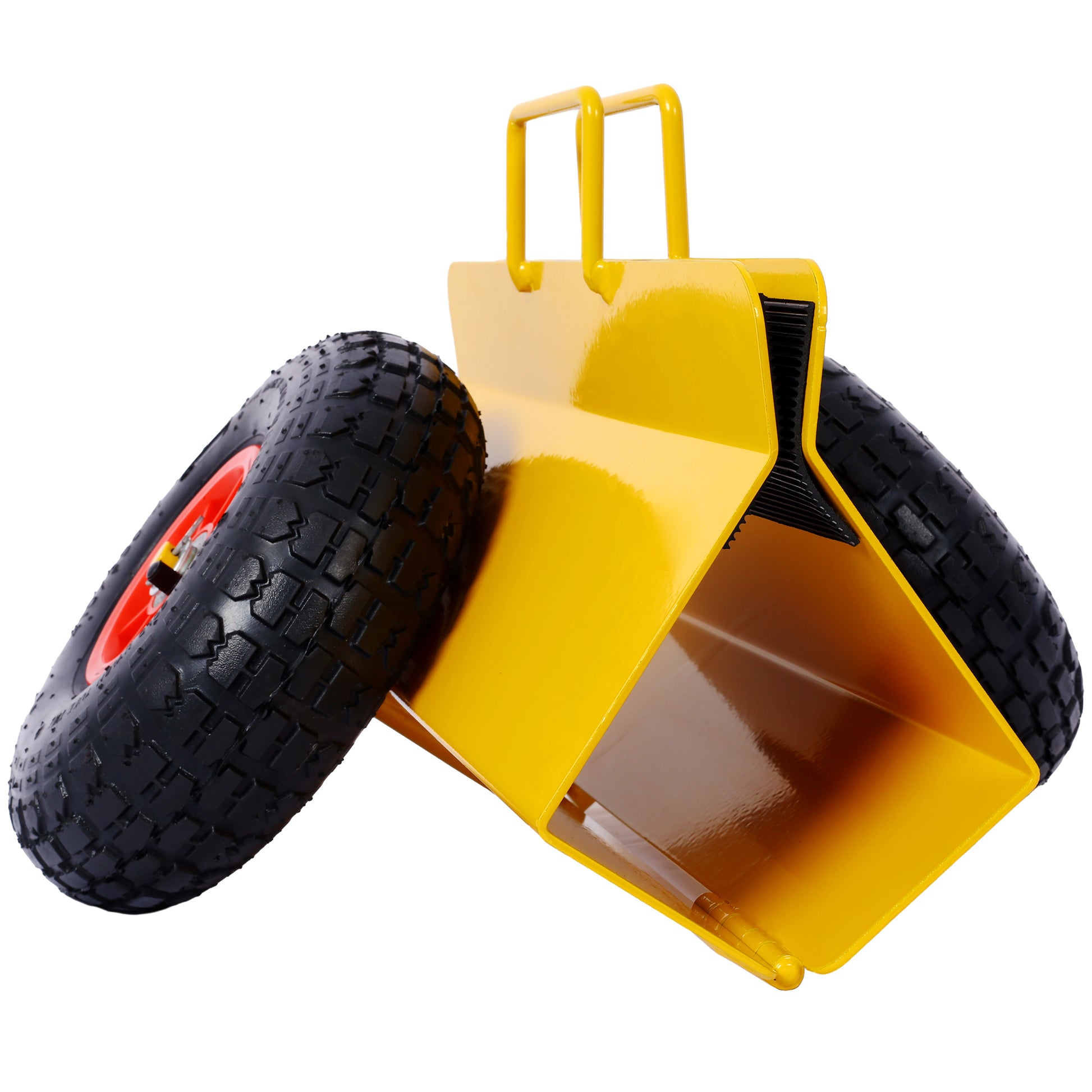 Yellow metal wheelbarrow with black pneumatic tires and red rims ideal for garden use