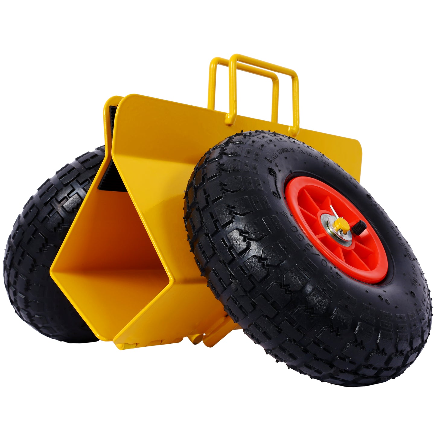 Heavyduty yellow metal wheel clamp with two rugged black tires for secure parking