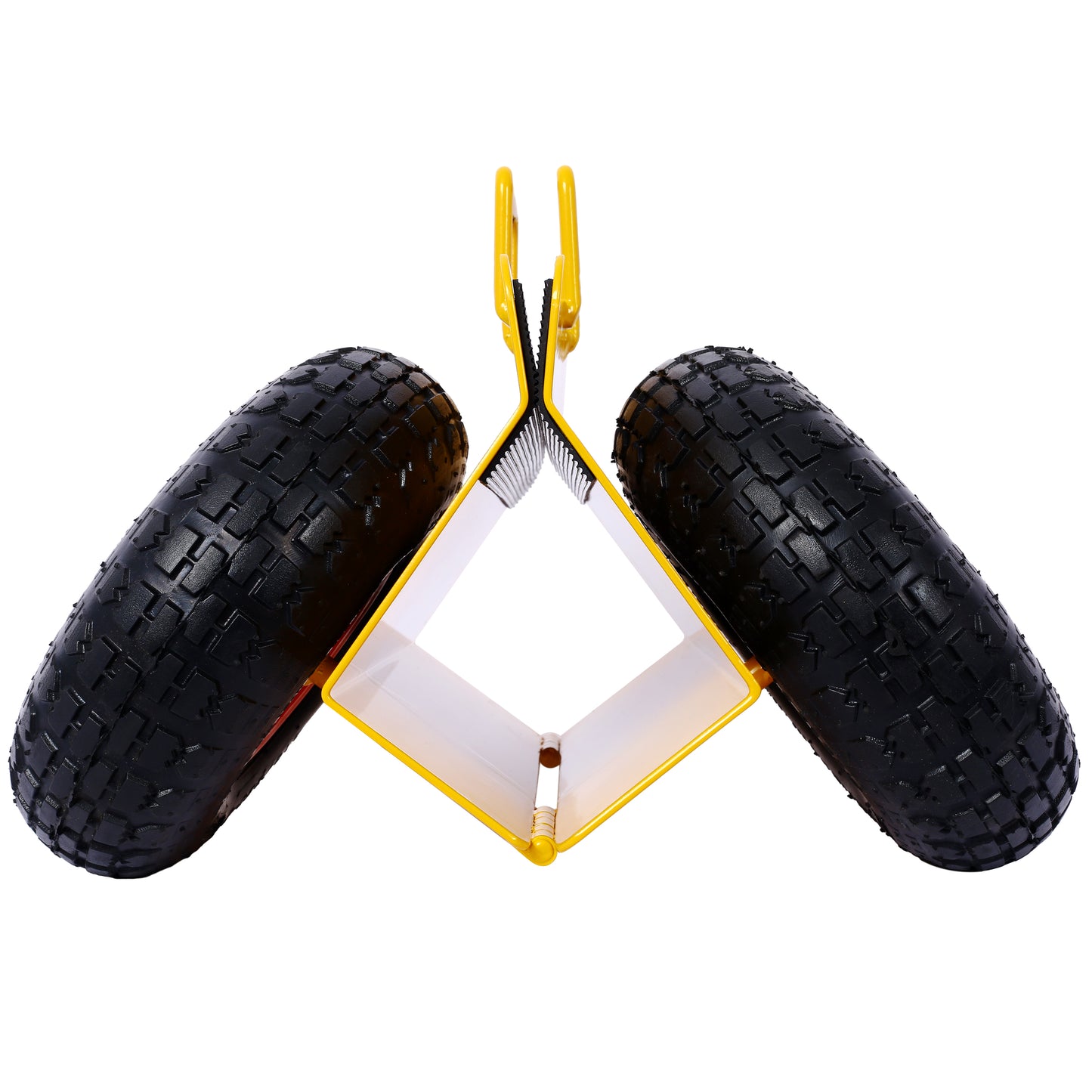Yellow metal frame with two black pneumatic wheels designed for wheelbarrow replacement