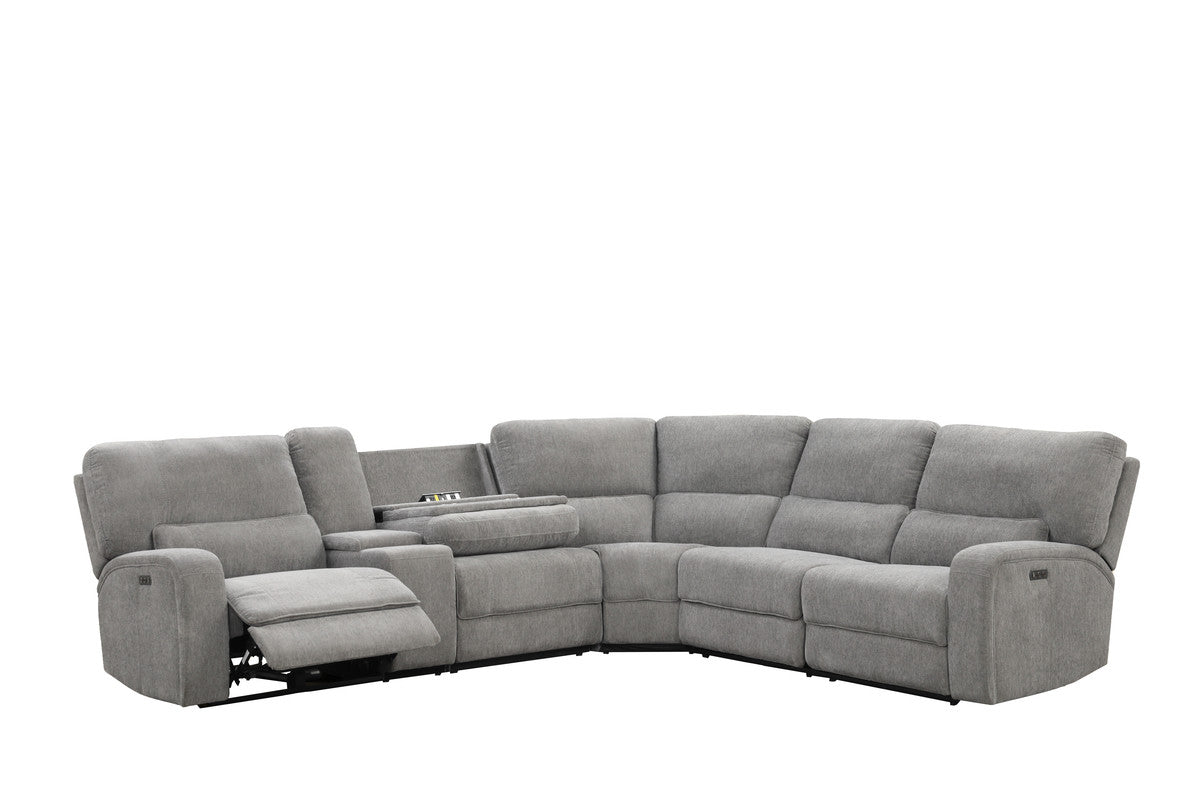Gray fabric sectional recliner sofa with builtin cup holders and storage console