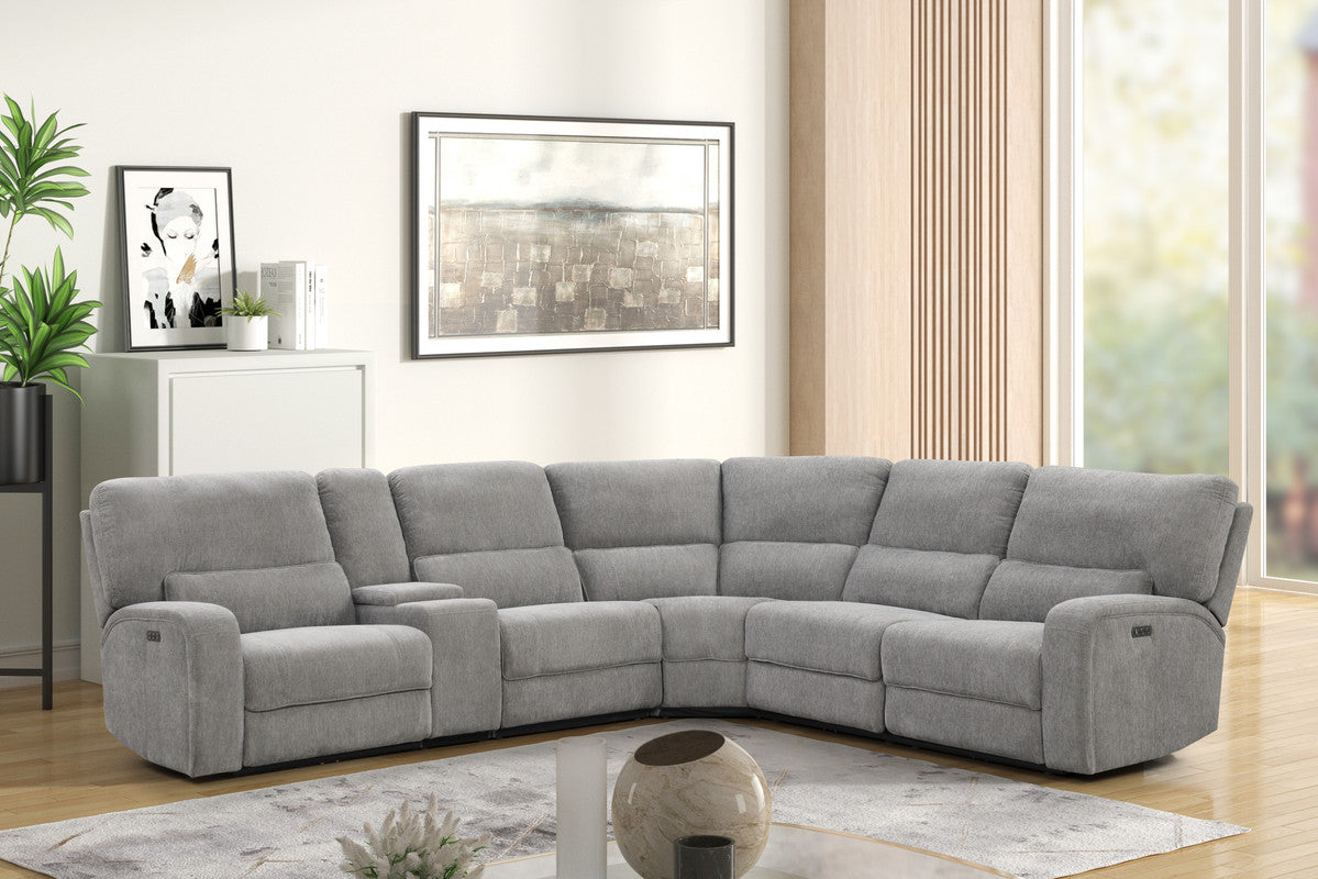 Sectional reclining sofa in light gray fabric with power controls