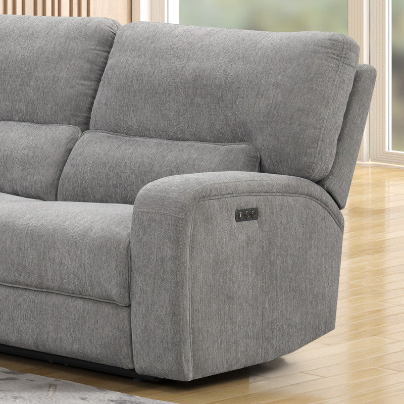Gray fabric reclining sofa armrest with power control panel comfort for modern living
