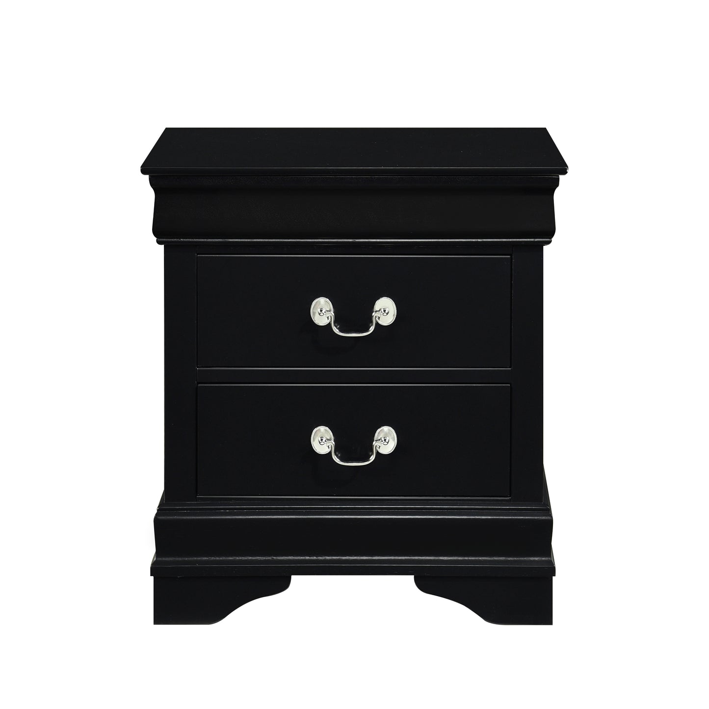 Black twodrawer nightstand with silver pull handles and decorative molding