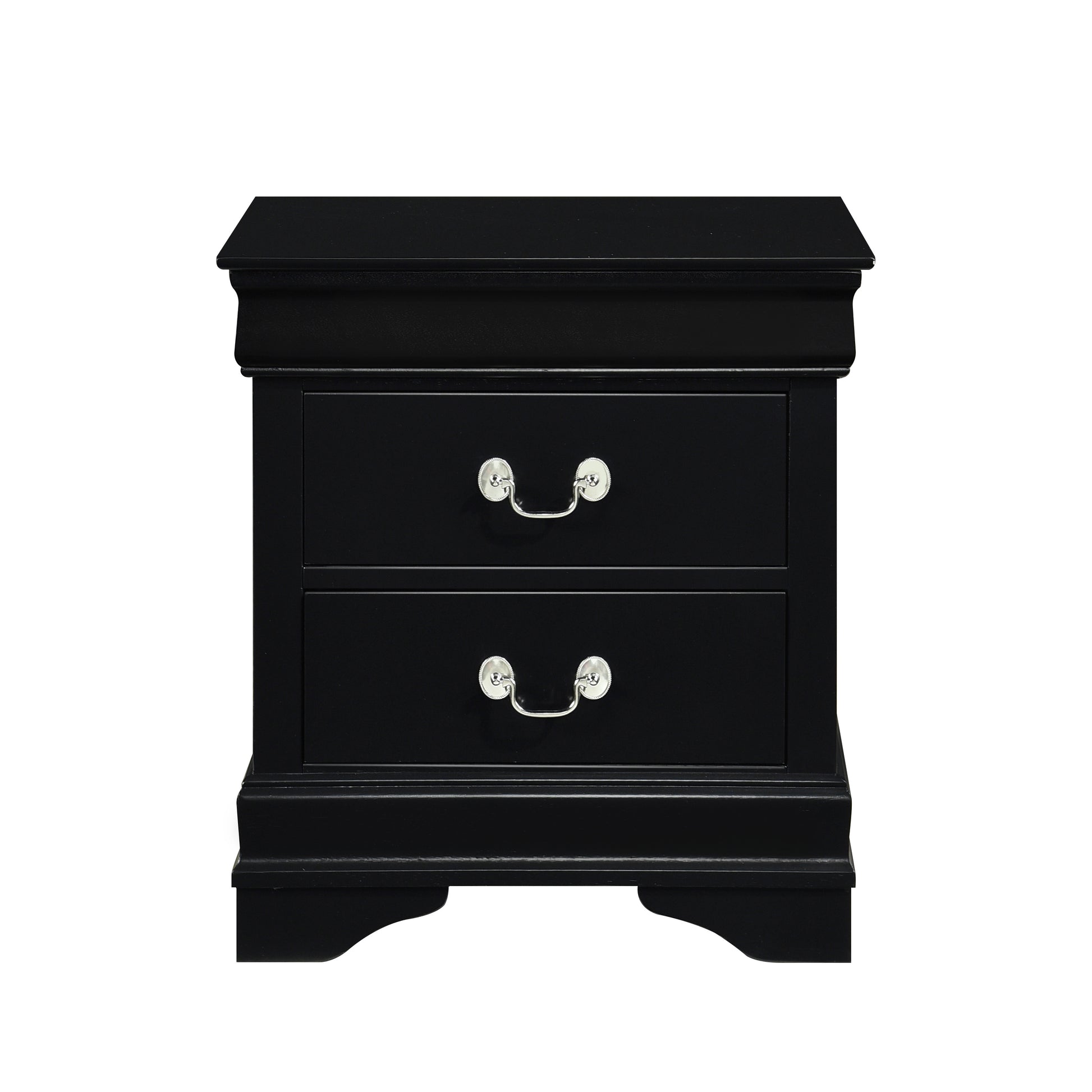 Black twodrawer nightstand with silver pull handles and decorative molding