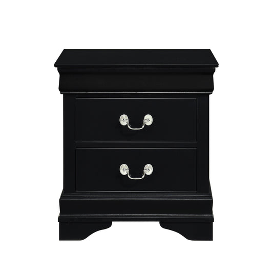 Black twodrawer nightstand with silver pull handles and decorative molding