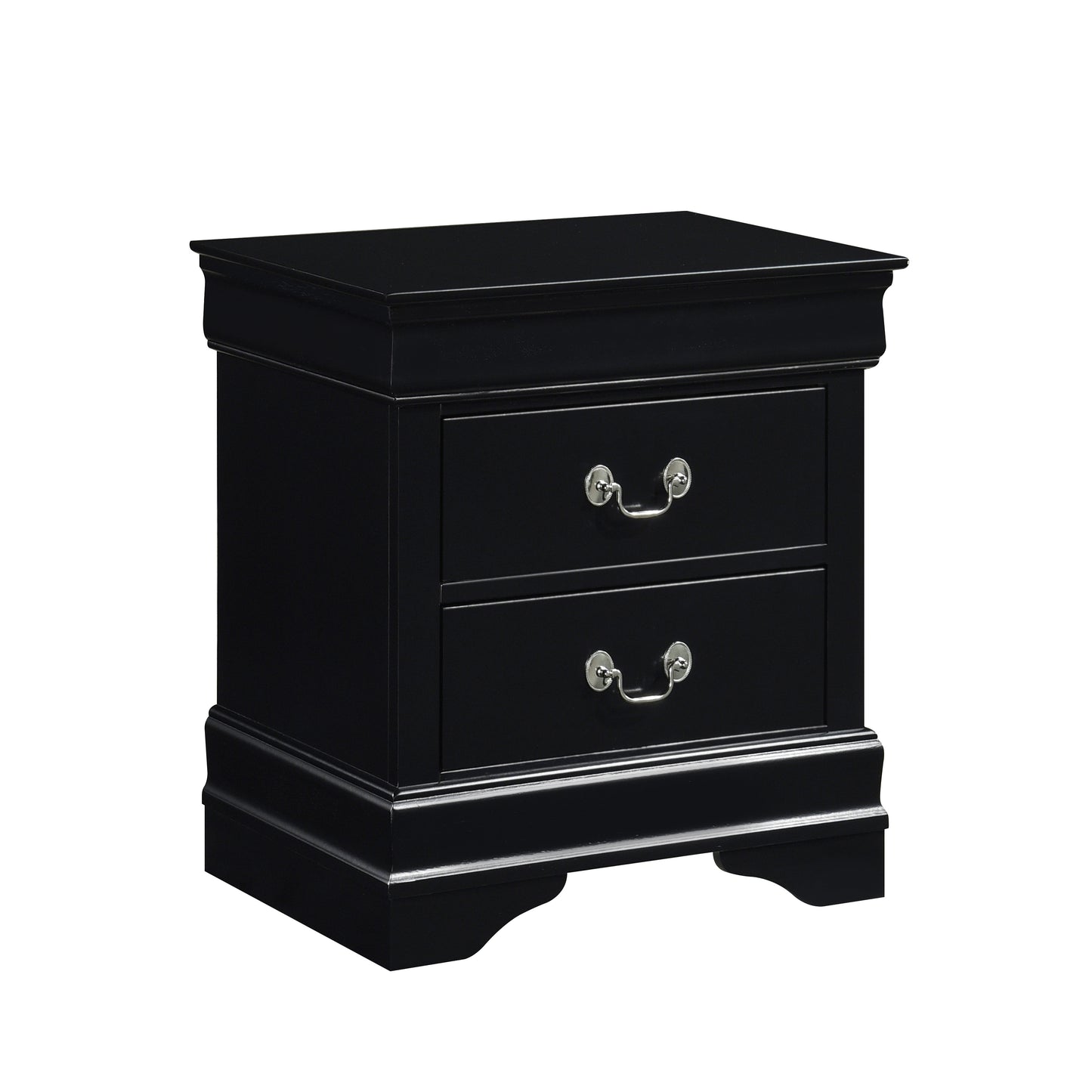 Sleek black bedside table with two drawers and silver hardware