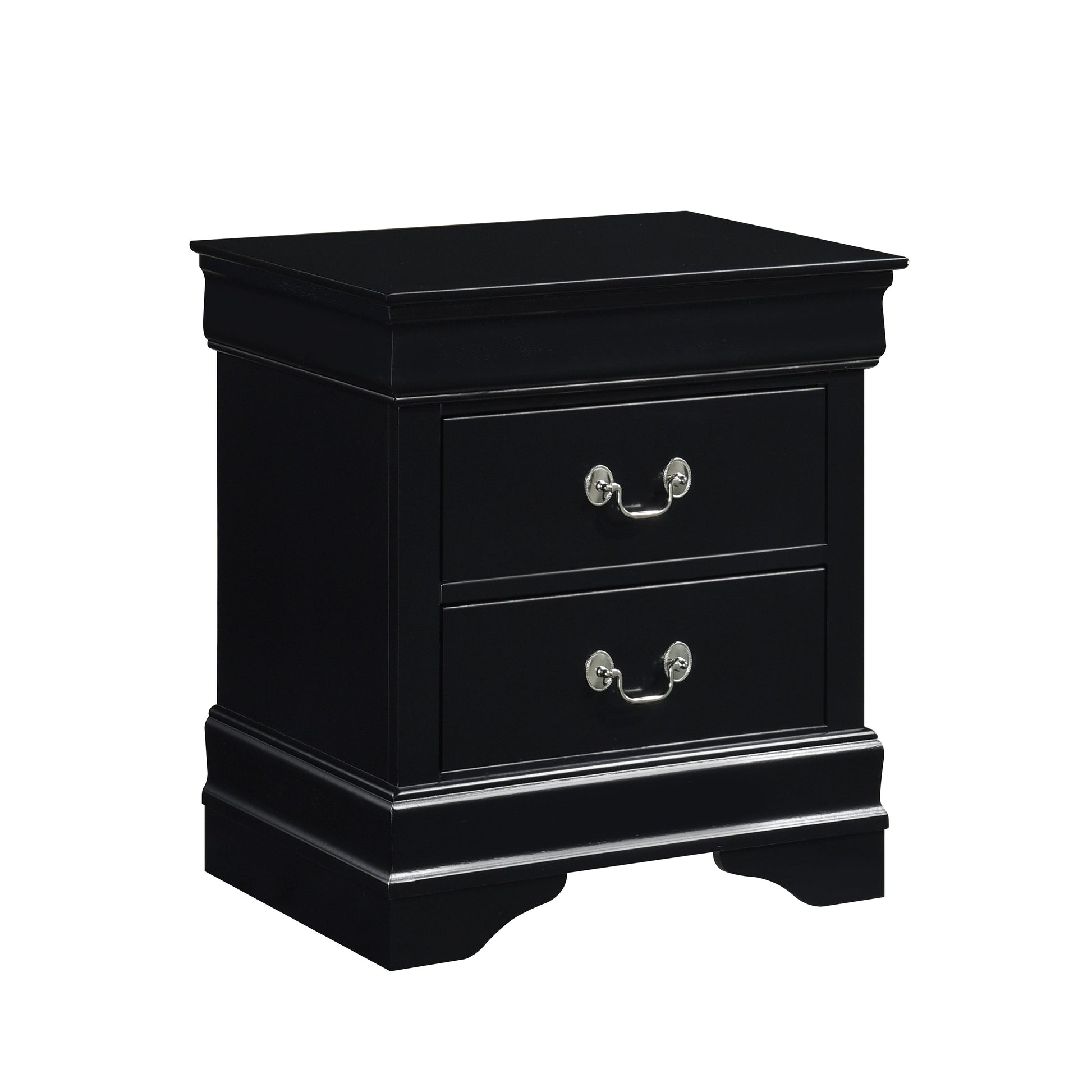 Sleek black bedside table with two drawers and silver hardware