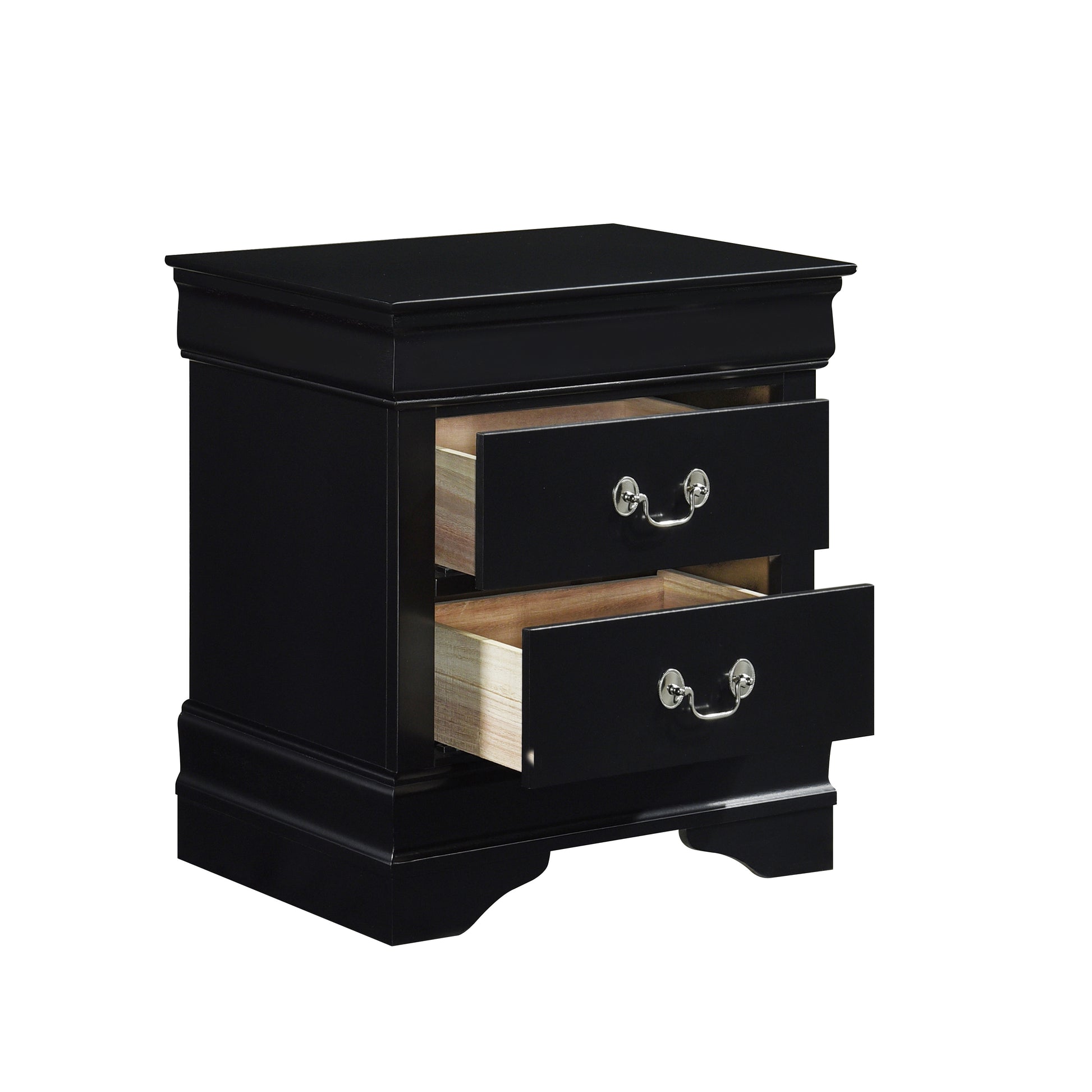 Black wood nightstand with two drawers and silver hardware