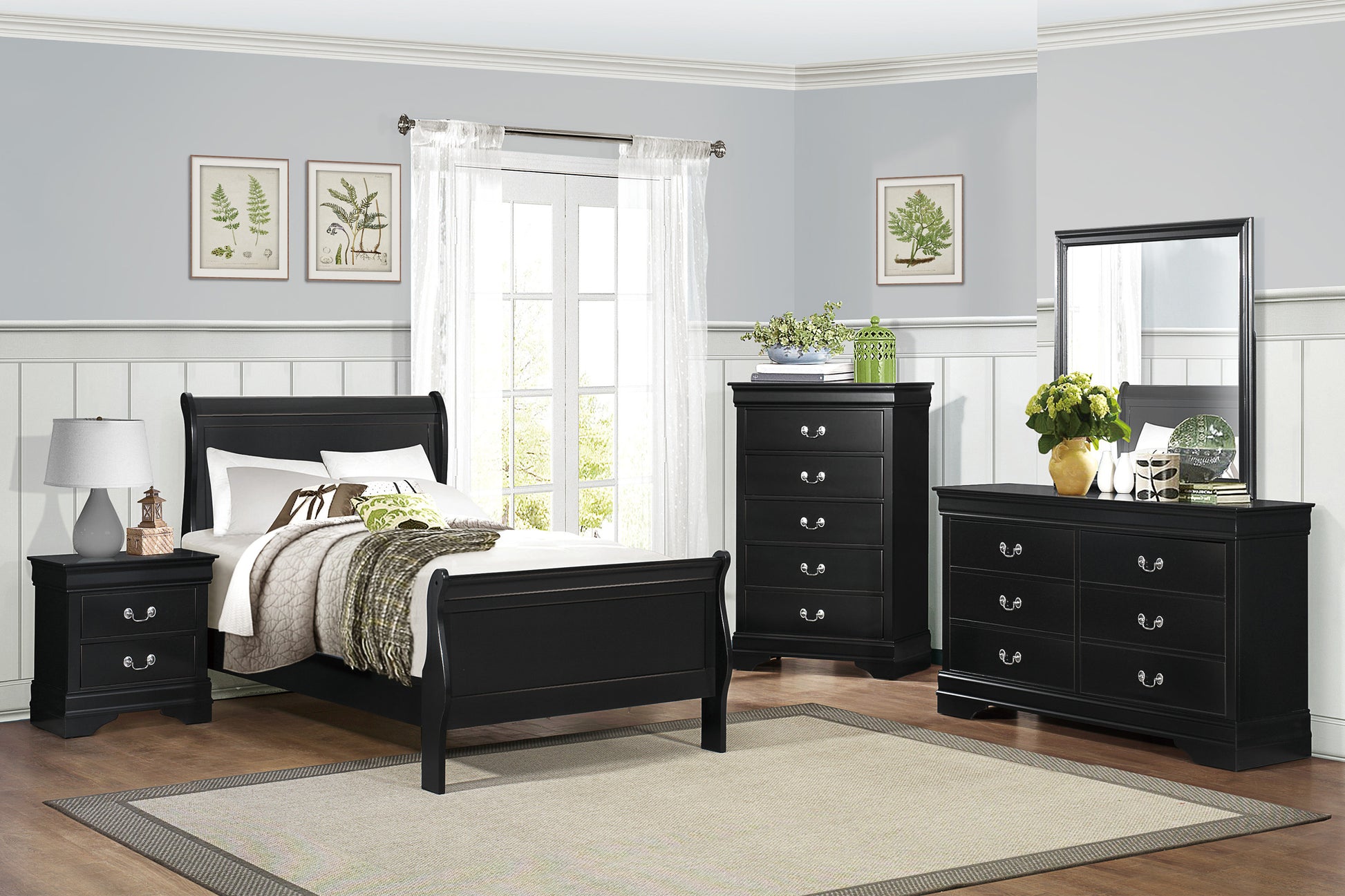 Black sleigh bed with elegant curves and comfortable bedding