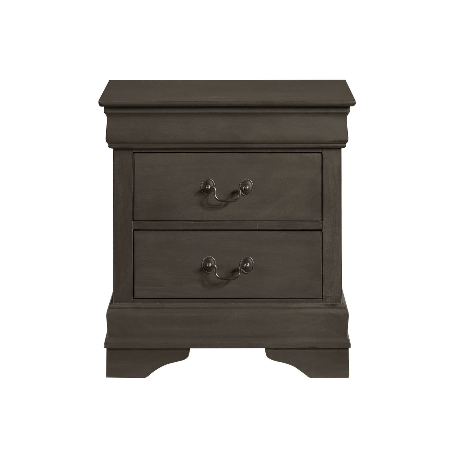 Dark brown wooden nightstand with two drawers and ornate hardware