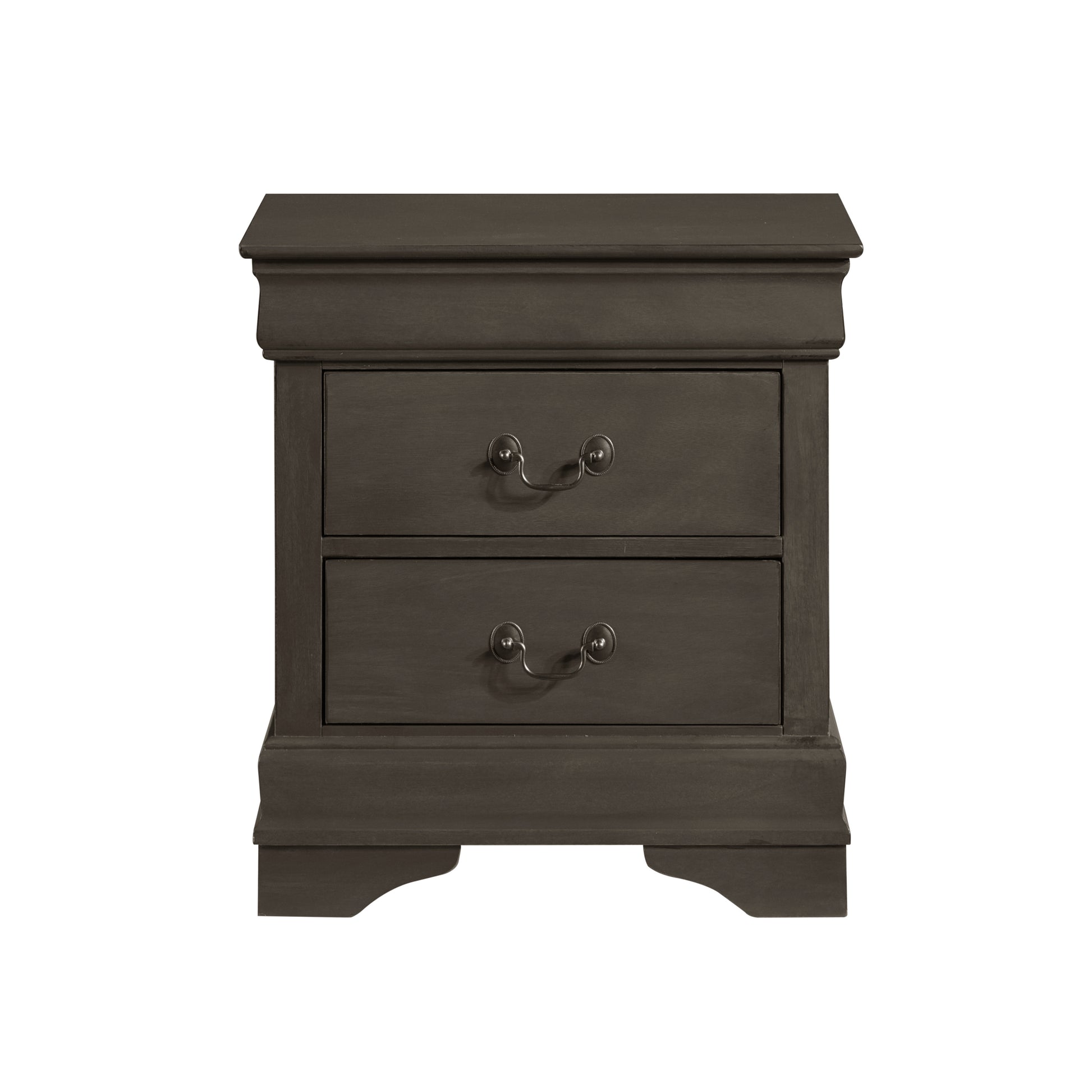 Dark brown wooden nightstand with two drawers and ornate hardware