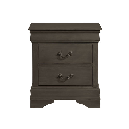 Dark brown wooden nightstand with two drawers and ornate hardware