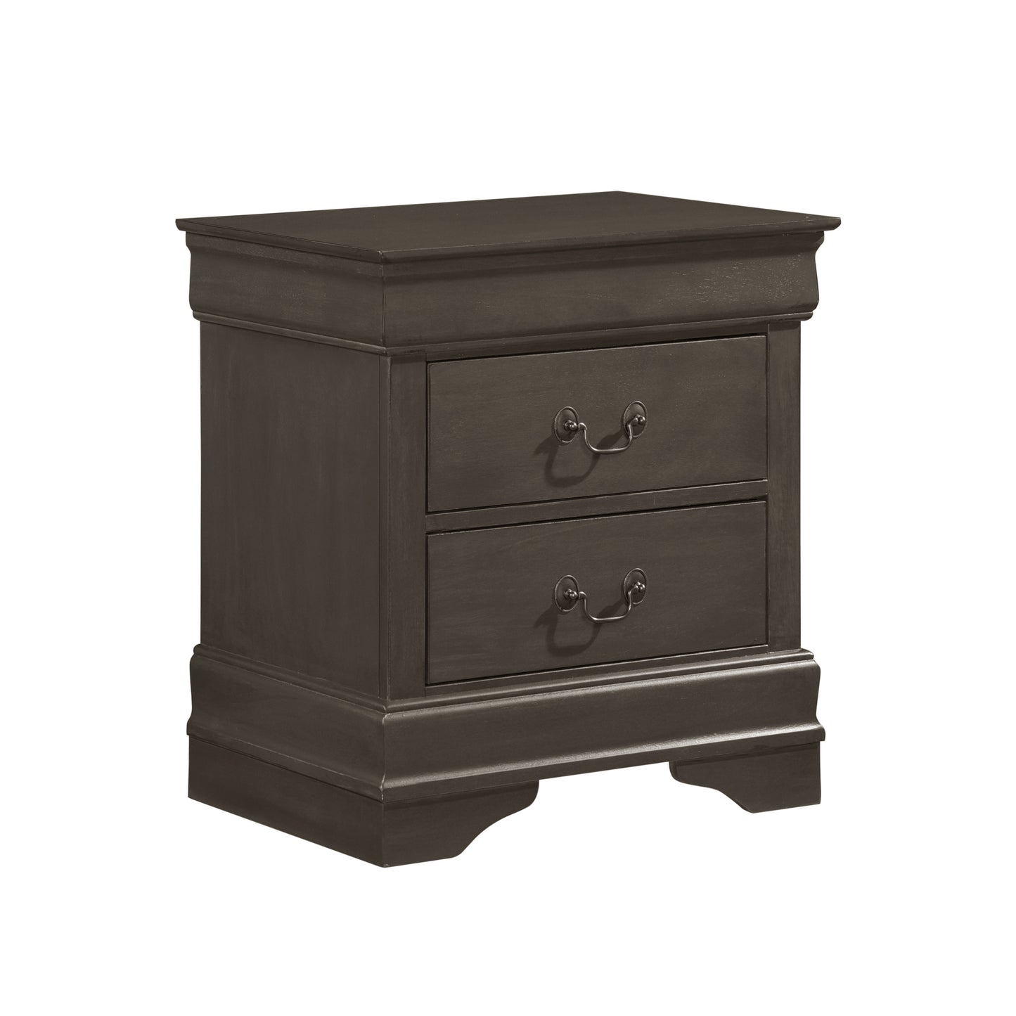 Dark brown twodrawer wooden nightstand with ornate metal pulls