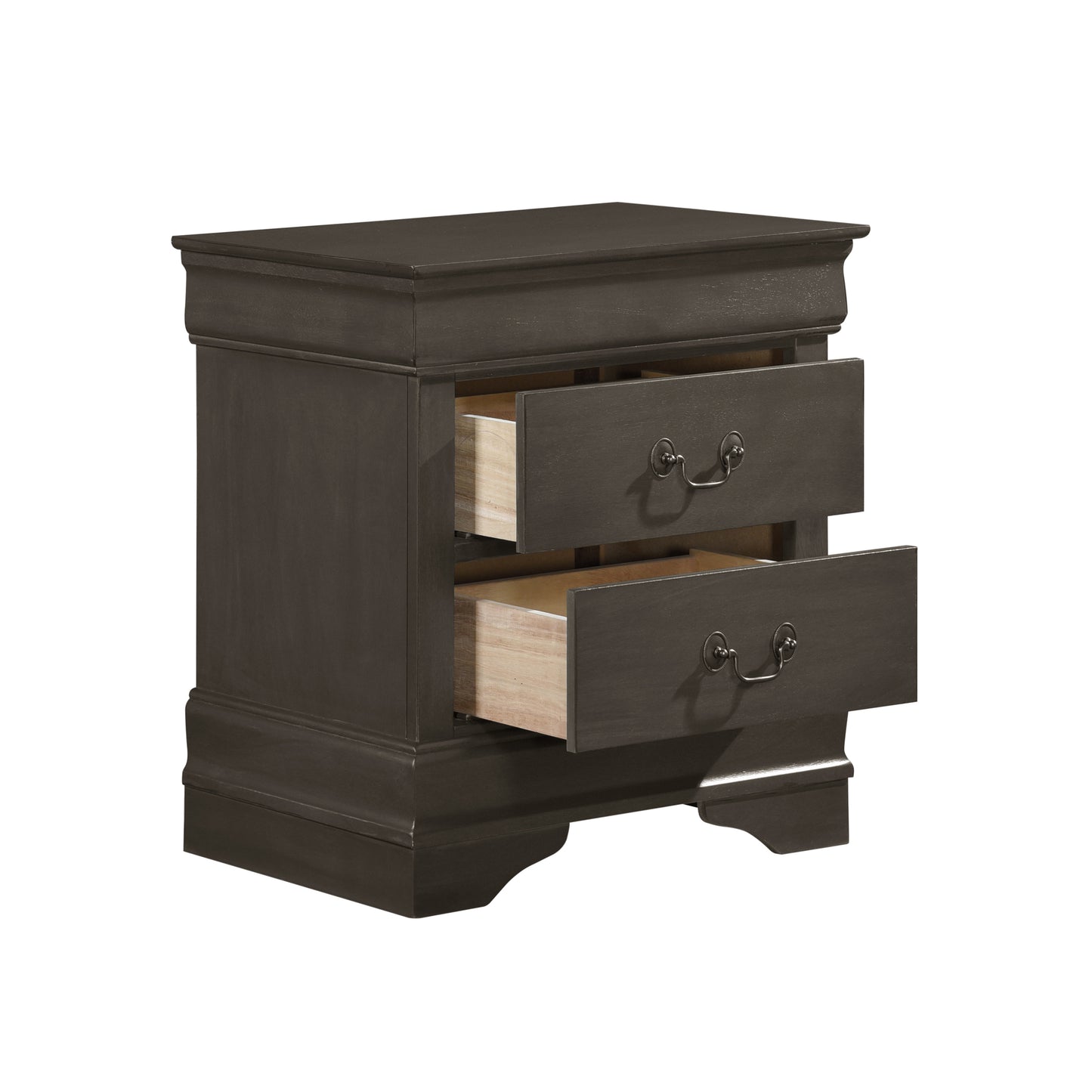 Dark gray wood nightstand with two pullout drawers and ornate hardware