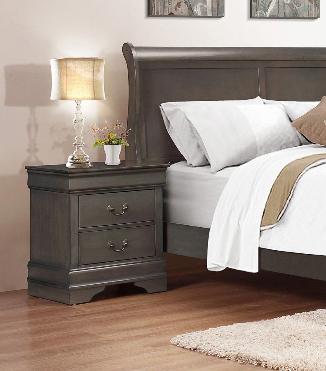 Dark grey wooden nightstand with two drawers and antique brass pulls