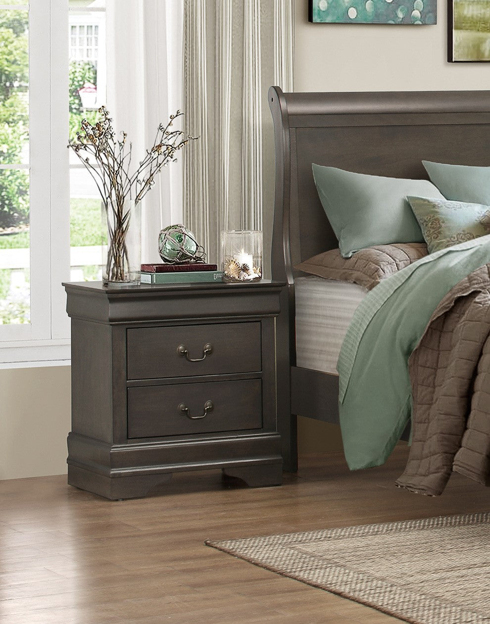 Dark gray wood nightstand with two drawers and brass pulls