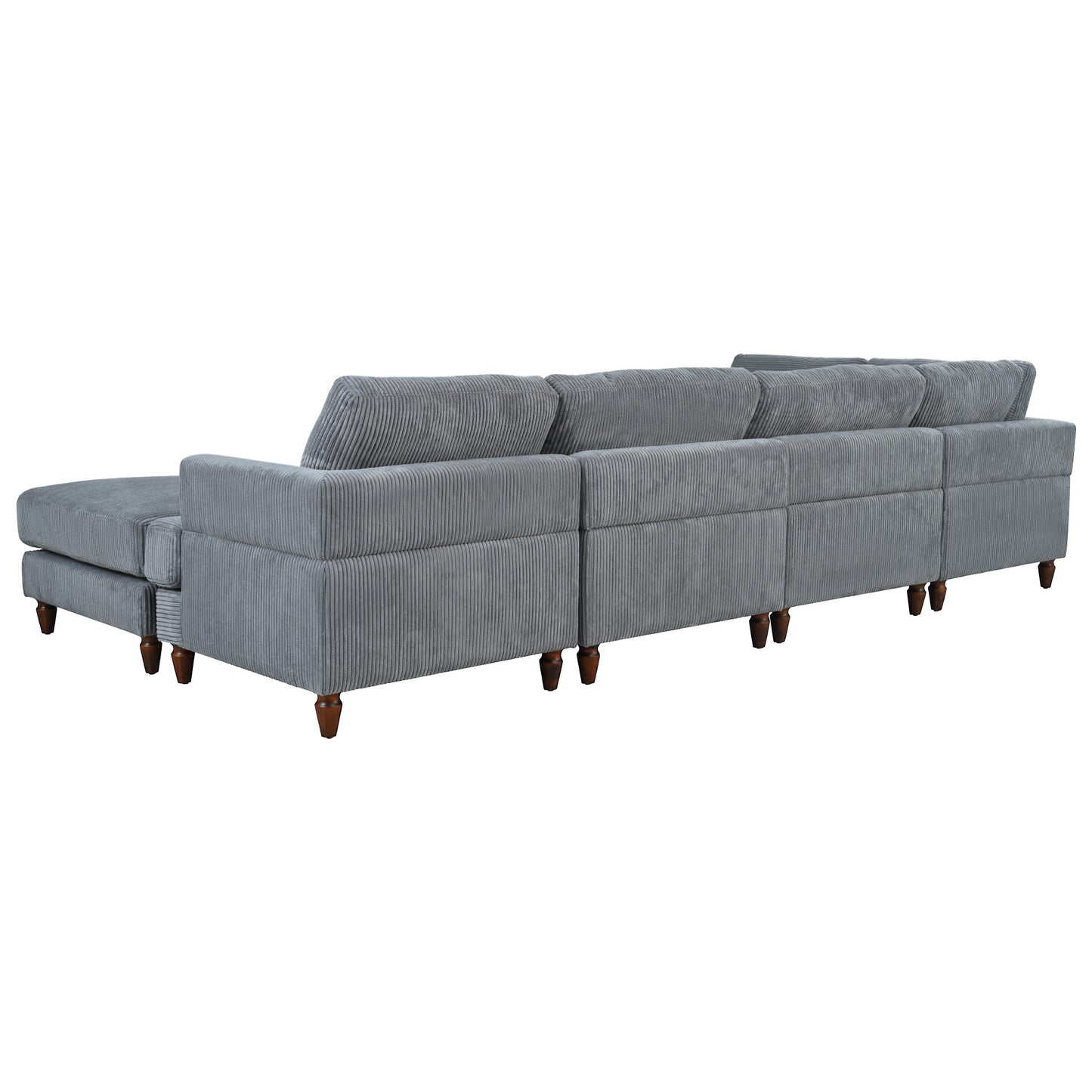 Grey corduroy sectional sofa with chaise and wooden legs