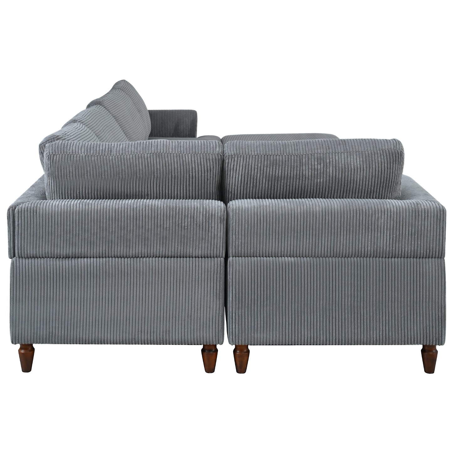 Gray corduroy sectional sofa with plush cushions and wooden legs