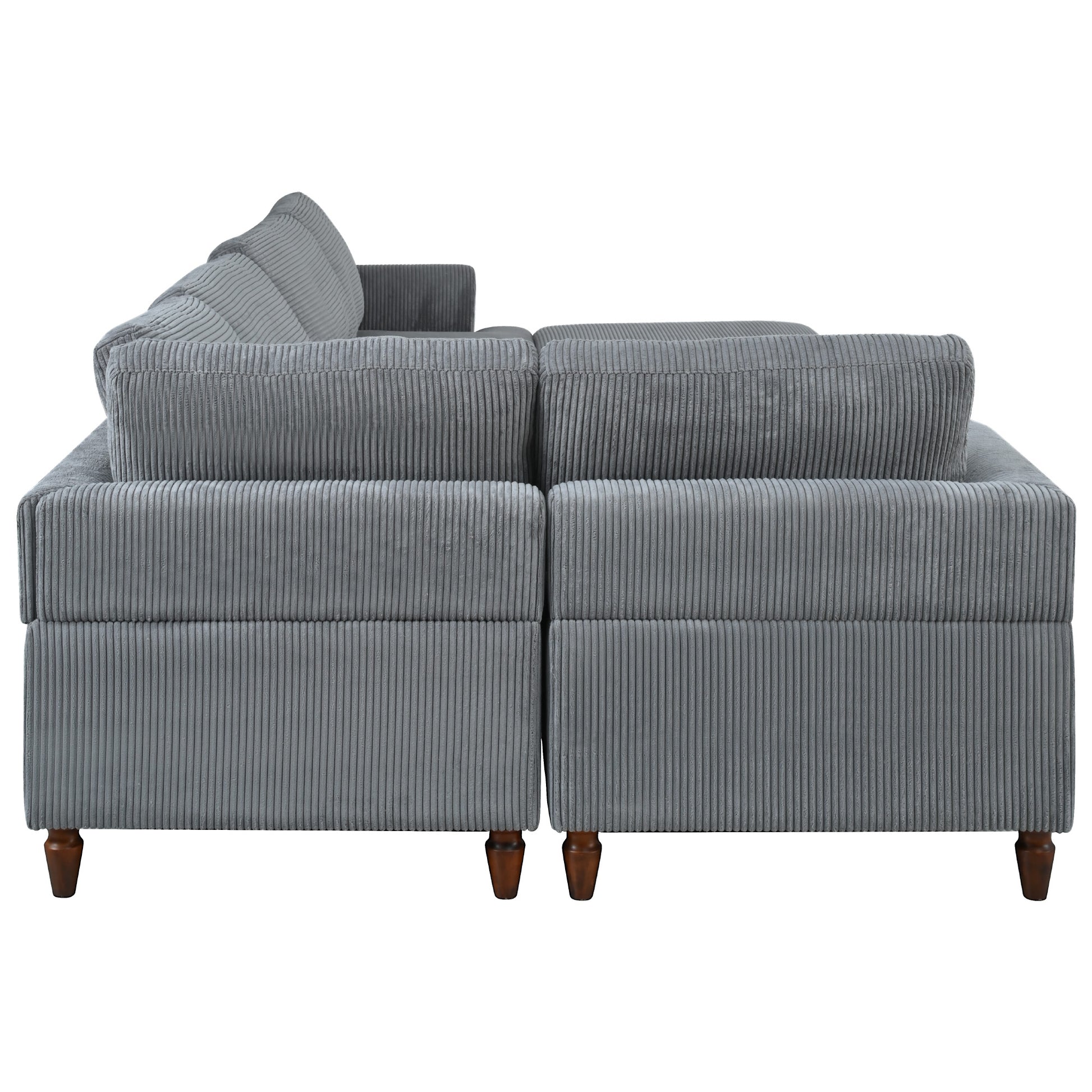 Gray corduroy sectional sofa with plush cushions and wooden legs